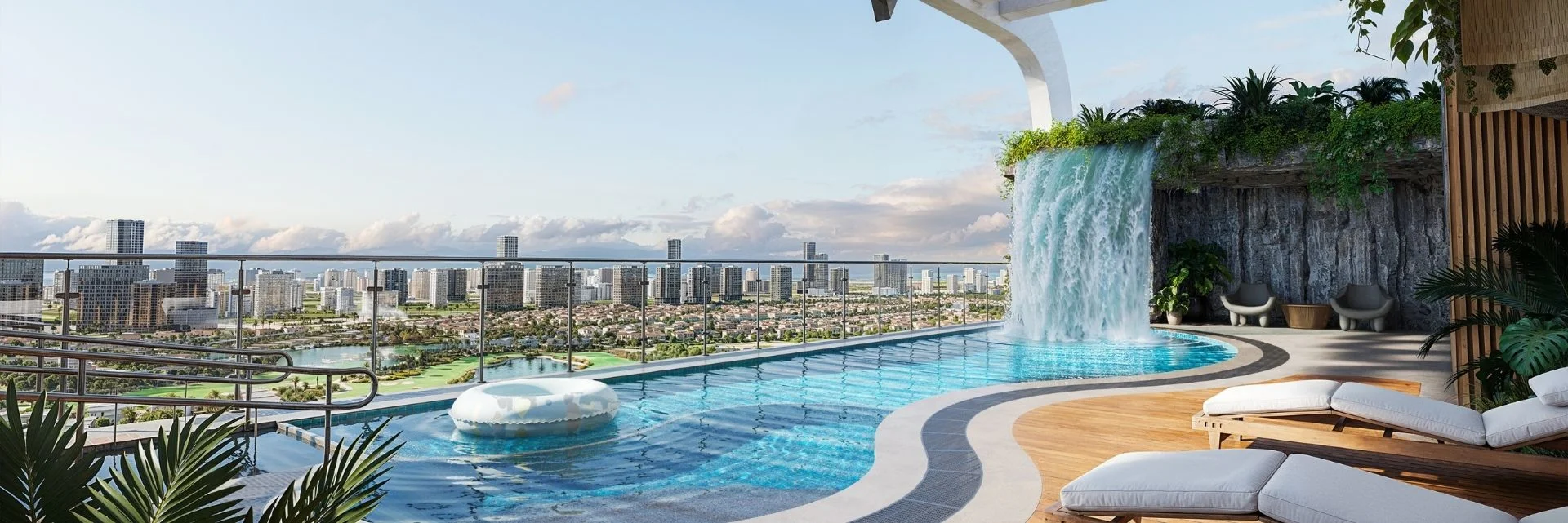 Rooftop Pool and Waterfall at Vega by Acube in Dubai Sports City